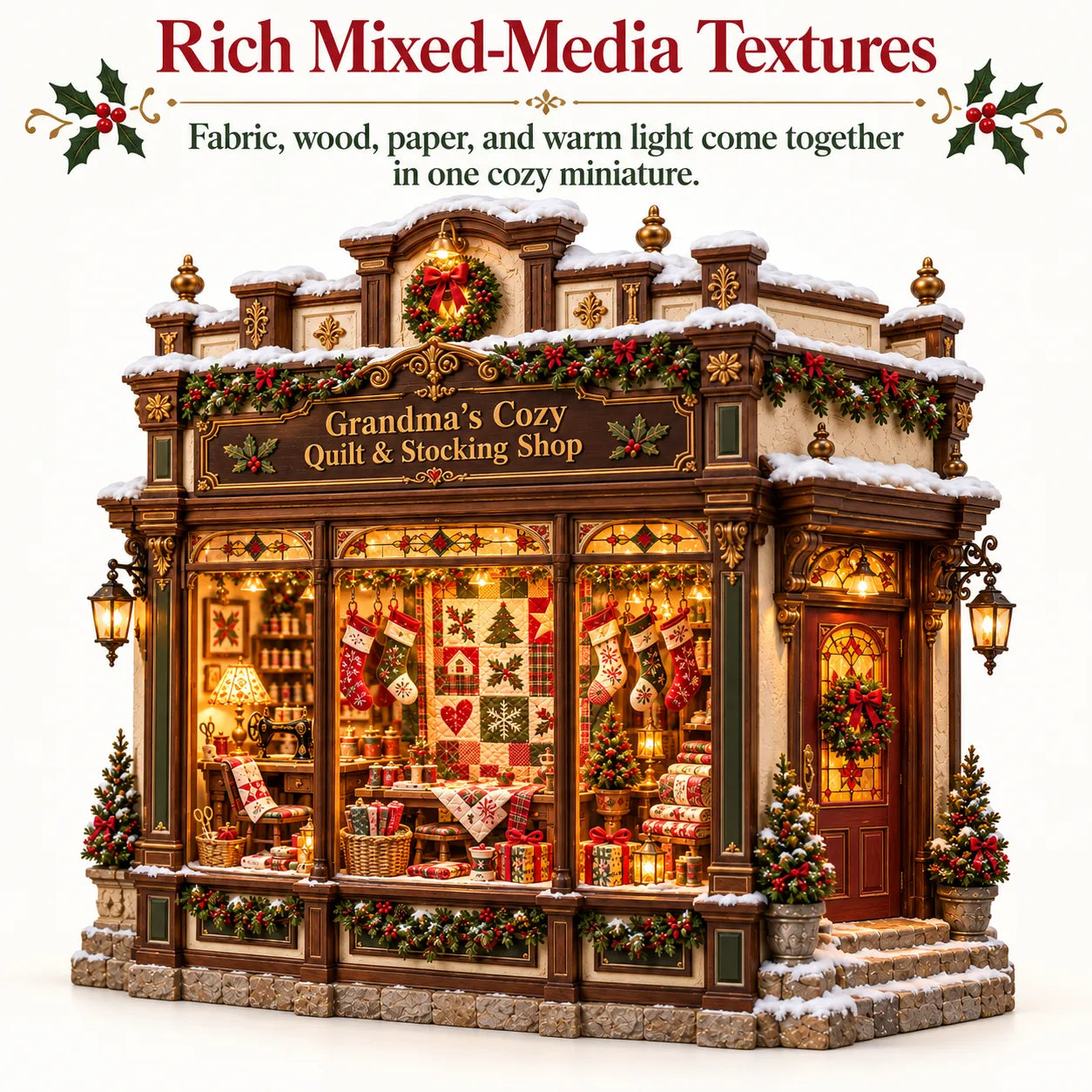 Grandma's Cozy Quilt Shop DIY kit contents and miniature sewing details
