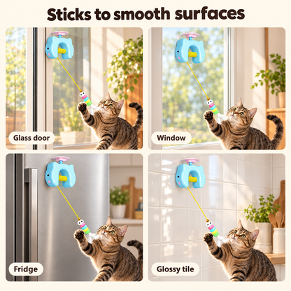 The toy stuck to a glass door, window, fridge and glossy tile