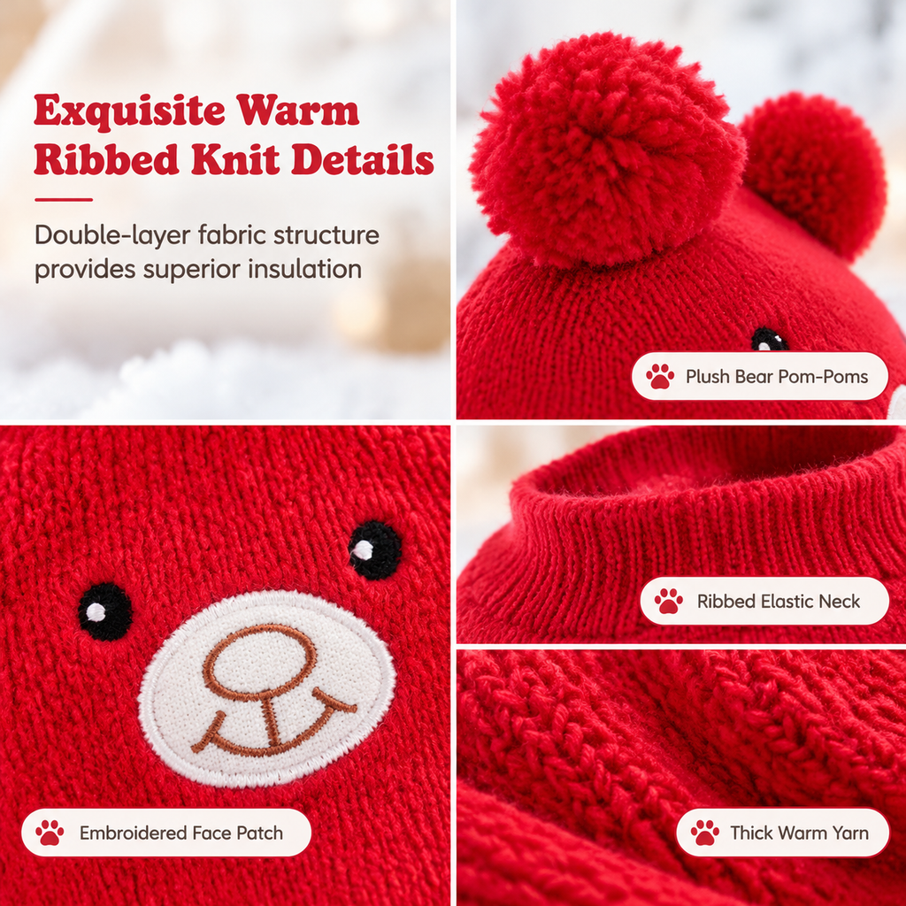 🐶 Plush Dog Winter Hat – Warm Ribbed Knit Hood with Double Pom-Poms