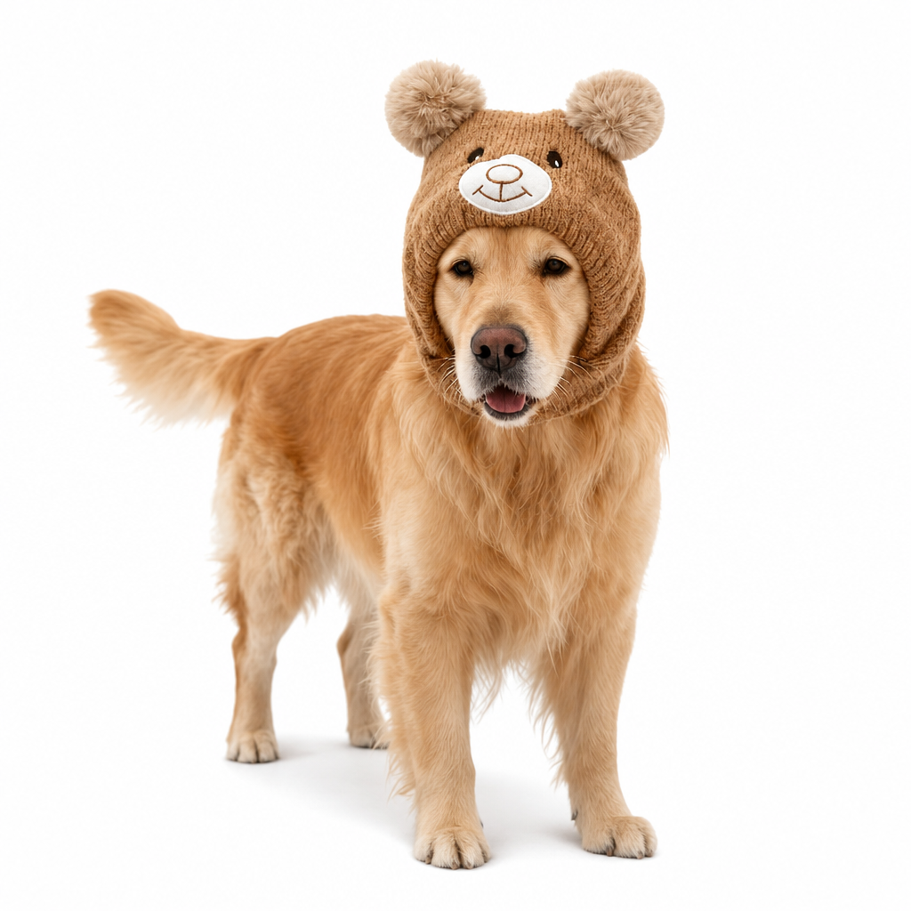 🐶 Plush Dog Winter Hat – Warm Ribbed Knit Hood with Double Pom-Poms