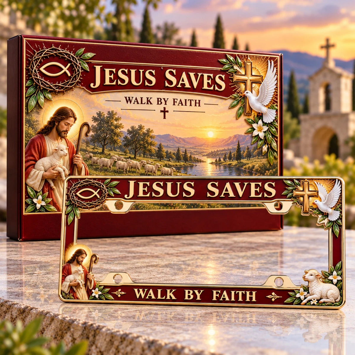 ⭐🐑🕊️ “Jesus Saves – Walk by Faith” Jesus Commemorative Metal License Plate Frame